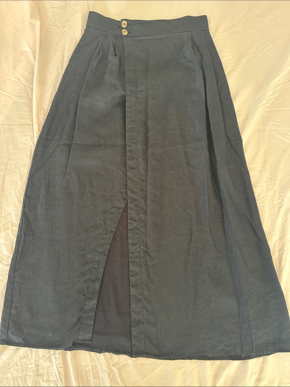 Anthropologie Black Linen Skirt with Front Panel Slit and Button Waist
